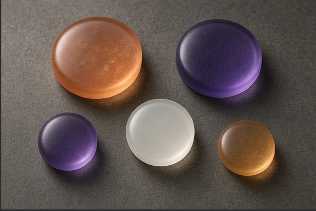 Frosted glass, braided cord, and translucent resin objects on graphite