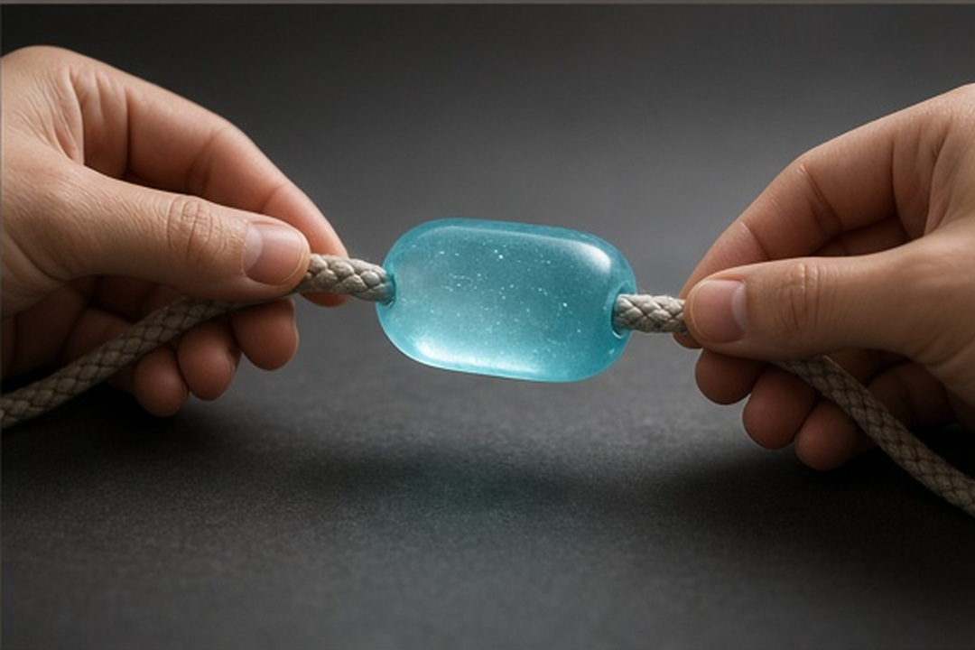Persimmon and cyan objects moving along a shared cord