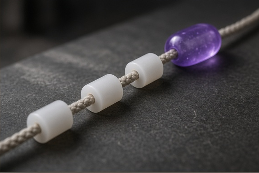 A finished relay cord continuing beyond a glowing object