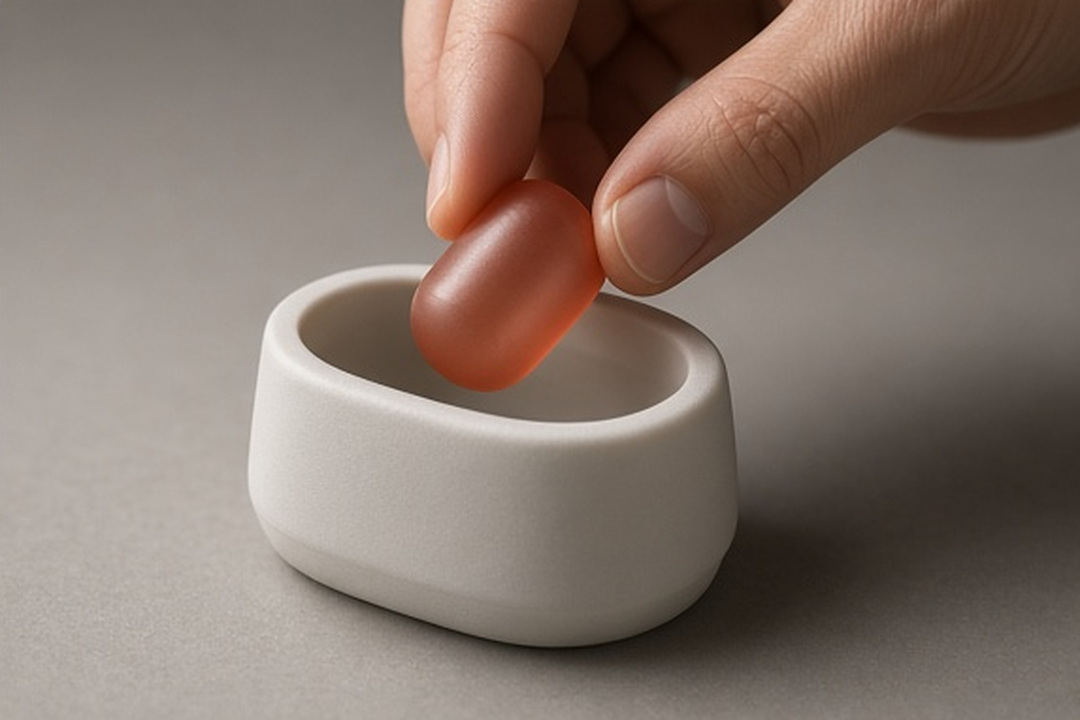 Hands preparing a single translucent cue object