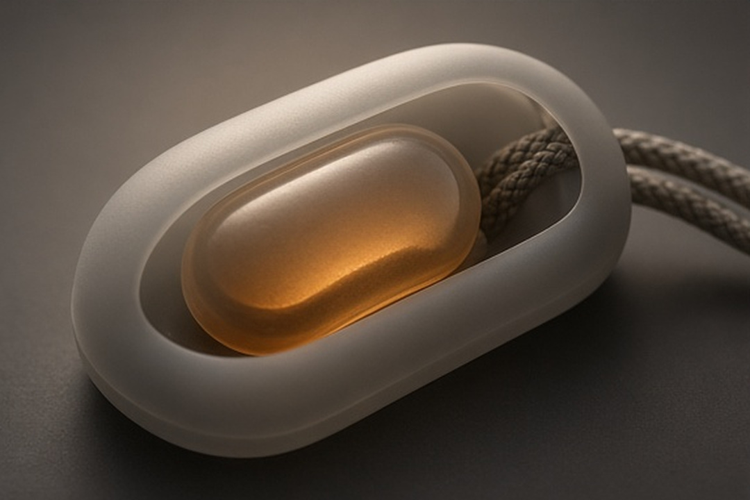 Small abstract cue capsules held inside a frosted local sleeve